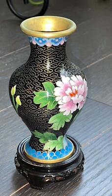 Vintage Chinese Cloisonne Black Vase 6