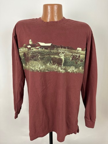Sun River Graphic T-Shirt Adult M Maroon Deer Buck Farm Outdoors Long Sleeve