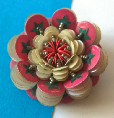 Broche Vintage En Celluloïd - Forme Tambourin - Occasion En Bon état - Sans Marque - Très Rétro !