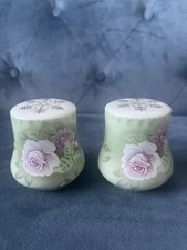 Lefton Salt & Pepper Shakers Vintage 1984 China Floral Green Pink Rose SET