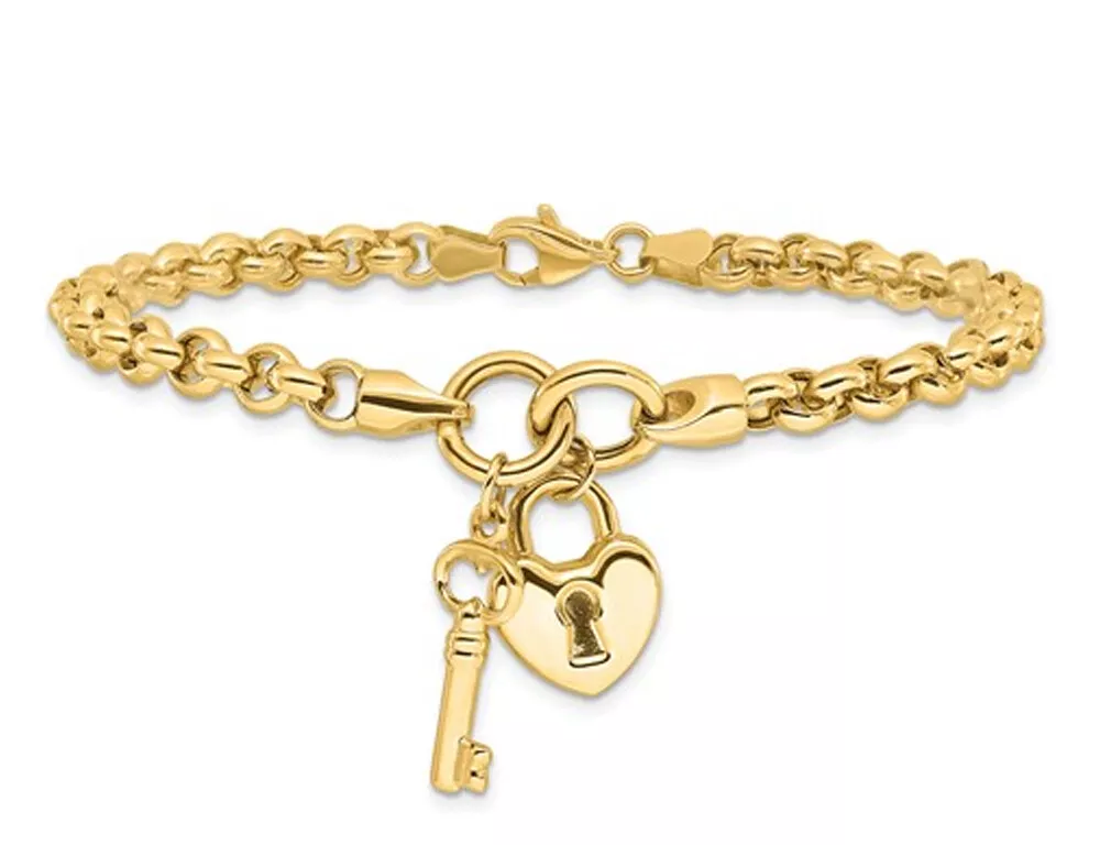 14K Yellow Gold Heart Key and Lock Charm Bracelet 7.50 inches eBay