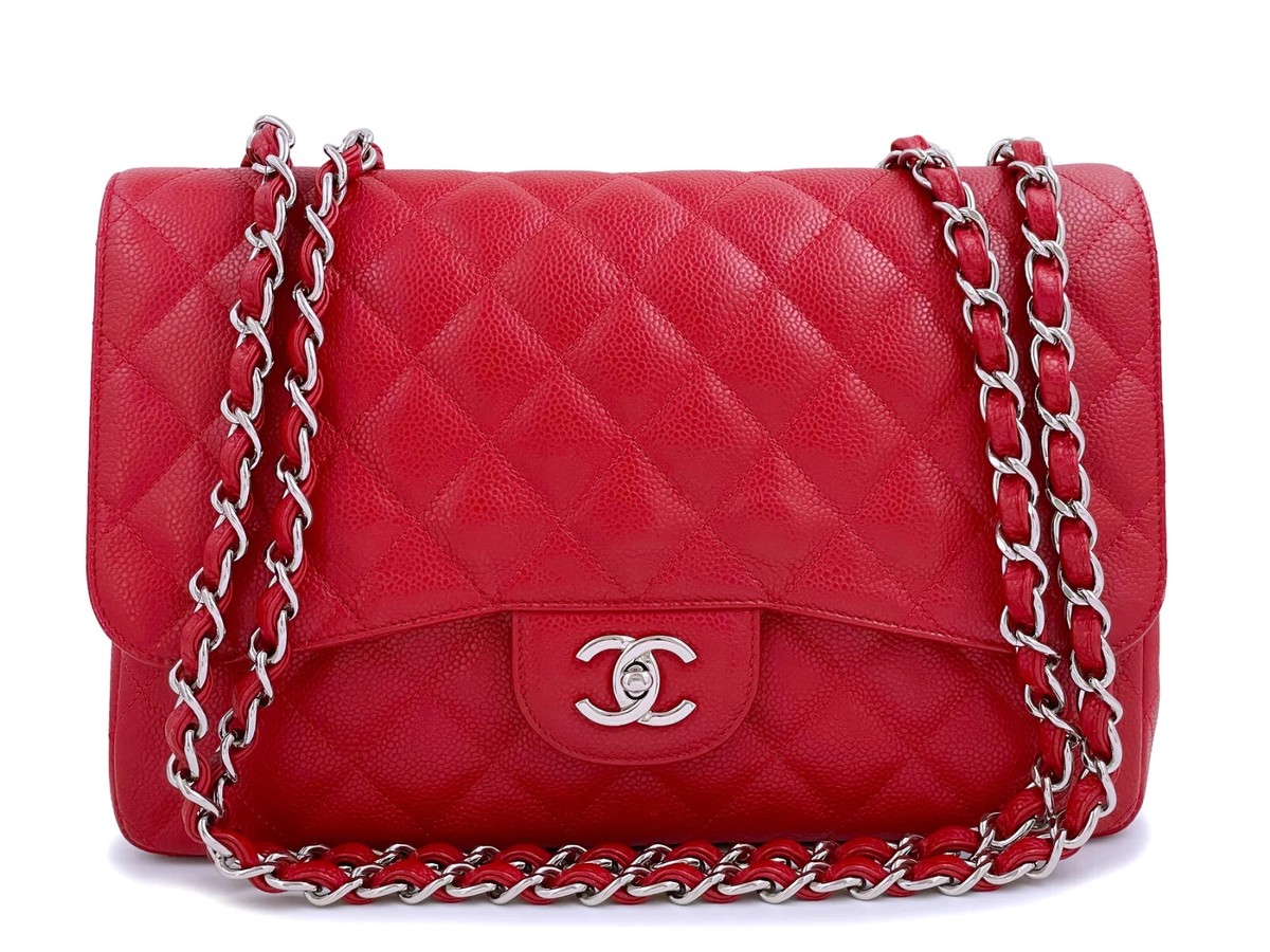 CHANEL 10C RED CAVIAR JUMBO CLASSIC FLAP BAG SHW Single Flap
