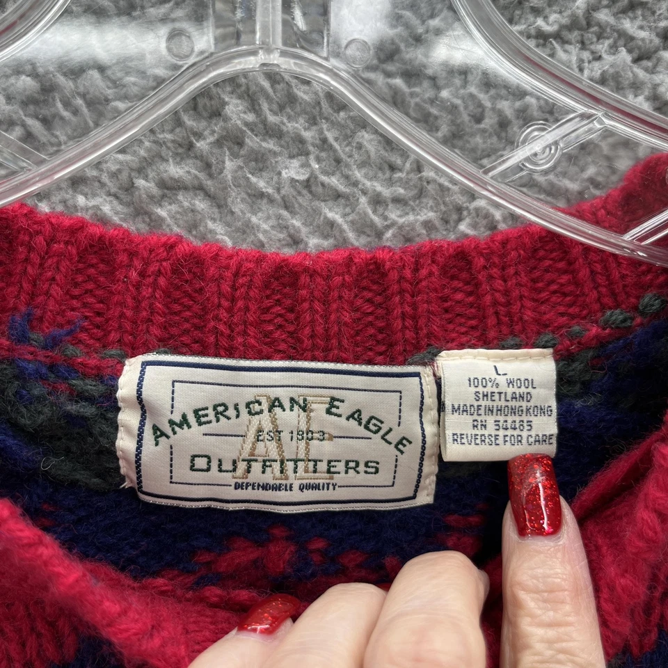Suéter de Colección Años 90 American Eagle Hombres Grande Rojo Azul Marino Fair Isle Shetland Lana Grueso Foto 3 de 4