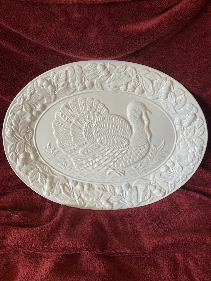 Plato para servir ovalado William Sonoma diseño pavo en relieve 18" X 14" cerámica Foto 4 de 4