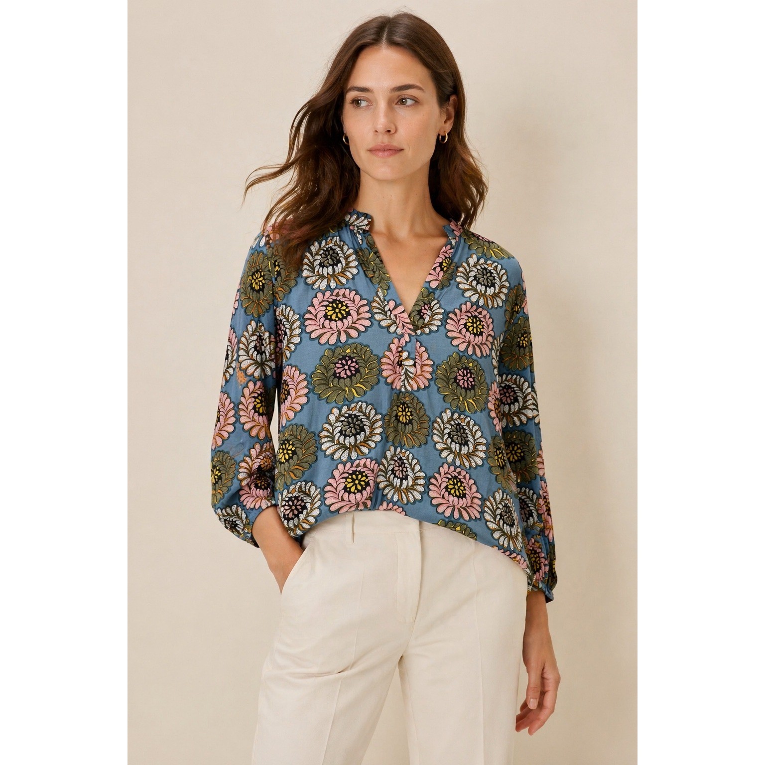 LOFT Softened Shirt Blue Floral Split Neck Tiered Sleeve Blouse XL