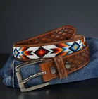 Full Grain Leather Hand Tooled Western Belt Cowboy Rodeo Beaded Removable Buckle