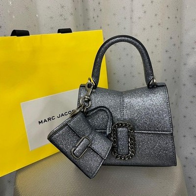 Marc Jacobs St Mark Nano Top Handle Bag Silver Glitter Leather w Charm Authentic