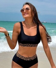Womens Black Leopard Contrast Print High Waist Bikini Set Size XL Tank Top NIB