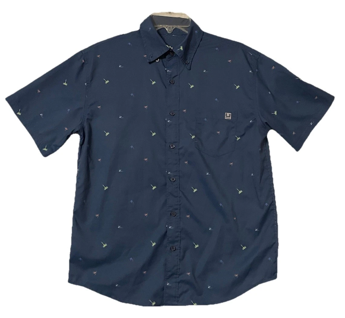 Chemise Huk Fishing Manches Courtes Homme – Bleu/vert, Taille L, Zippée 1/4