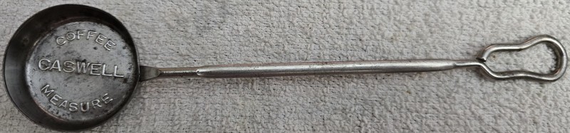 1940S CASWELL COFFEE MEASURE METAL "ABOVE ALLOTHERS" NATIONAL CREST COFFEE 9"
