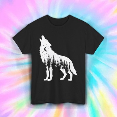 Wolf Shirt Howling Moon Forest Night Nature Wilderness Graphic Tee S-5XL