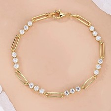3mm Lab Created Diamond Paperclip Link Bracelet Gift 14k Wh Gold Plated 7"
