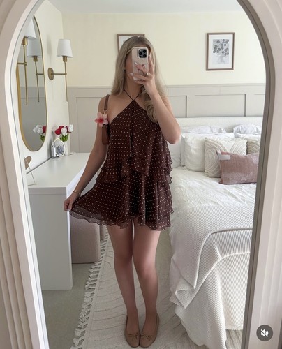 ZARA BNWT RUFFLED POLKA DOT HALTER DRESS. BROWN/WHITE 4661/311/747