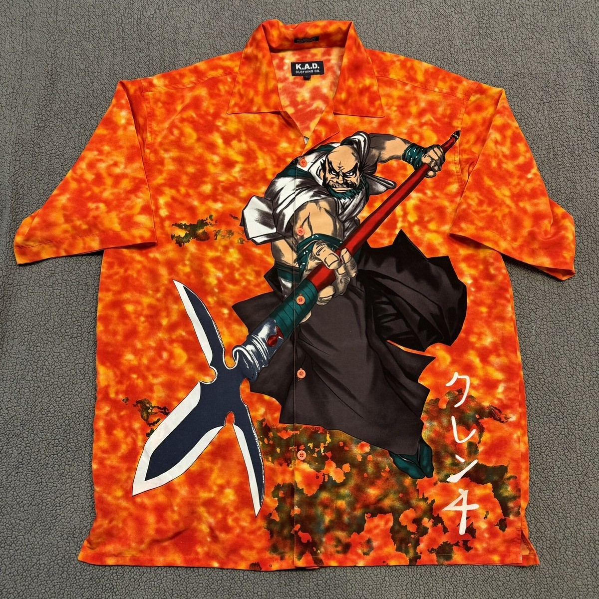 Mens Shirt Large Orange Anime Samurai Warrior AOP Korea Y2K