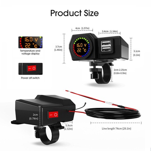 Motorcycle Handlebar Dual USB Charger 24V with Digital Voltmeter Thermometer - Zdjęcie 12 z 17