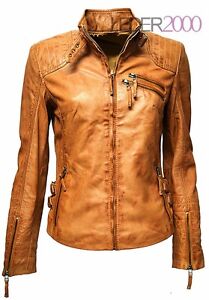 Echte Damen Lederjacke Leder Lammnappa Biker Knautschig Gesteppt Braun Cognac Ebay