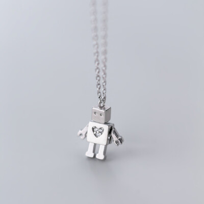 Mode Frau ECHT s925 Sterlingsilber niedlich Roboter Herz Anhänger Halskette Halsband