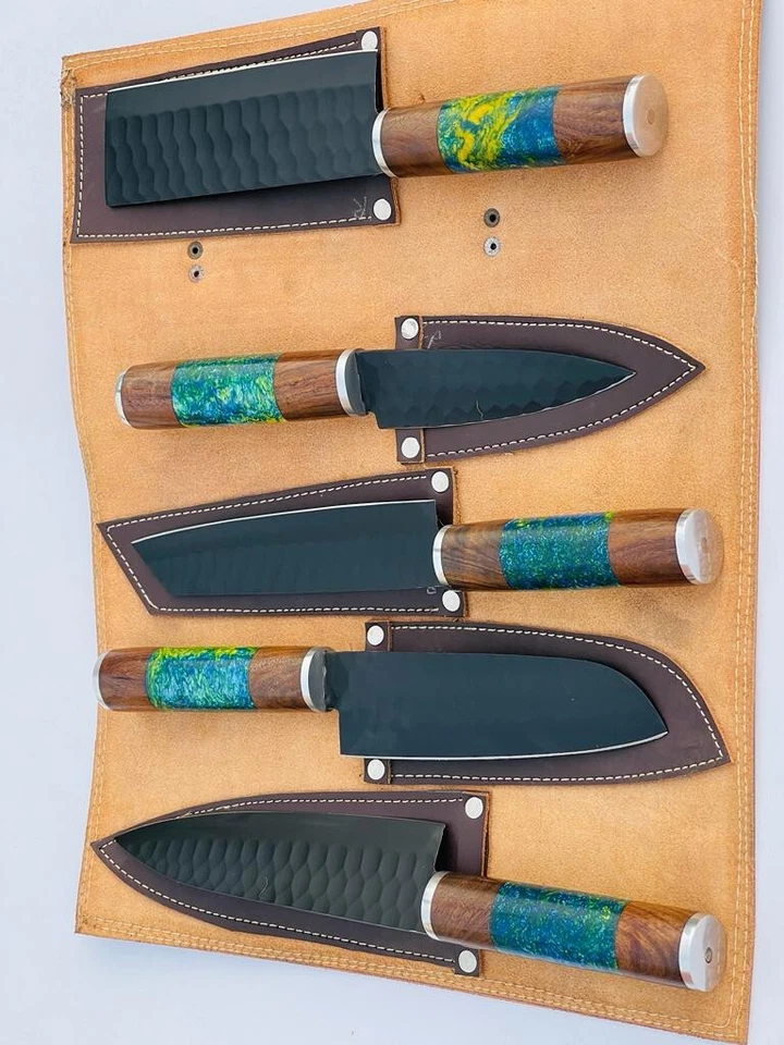 CUSTOM DAMASCUS STEEL 5 PCS forged  CHEF KNIFE SET WITH LEATHER ROLL BAG - Image 2 of 3