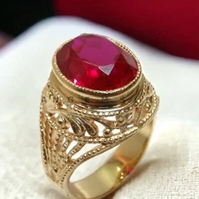 Ruby Gemstone With 925 Sterling Silver Gold Plated Ring For Men's #BL100