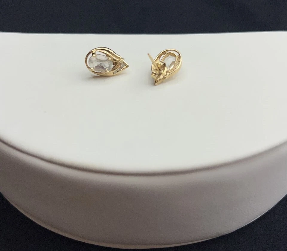 Modern White Topaz & Diamond Pear Shaped 14K Yellow Gold Stud Earrings - Image 2 of 4