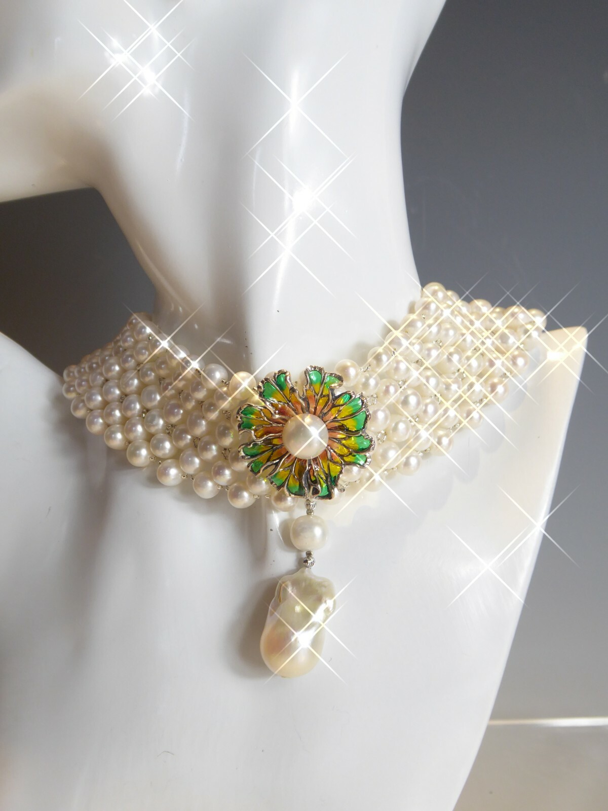 FINE SOLID SILVER REAL PEARL COLLAR NECKLACE - image 5