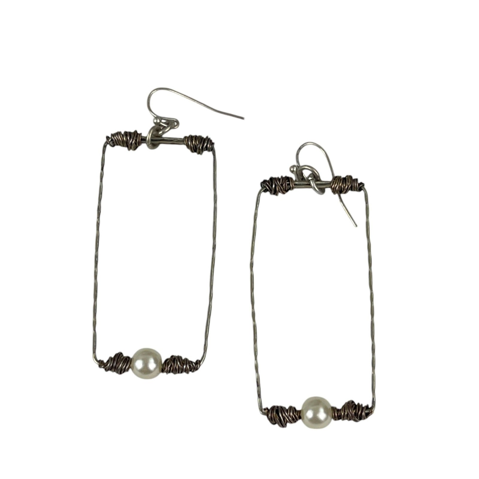 Handcrafted Wire & Pearl Rectangular Dangle Earri… - image 2