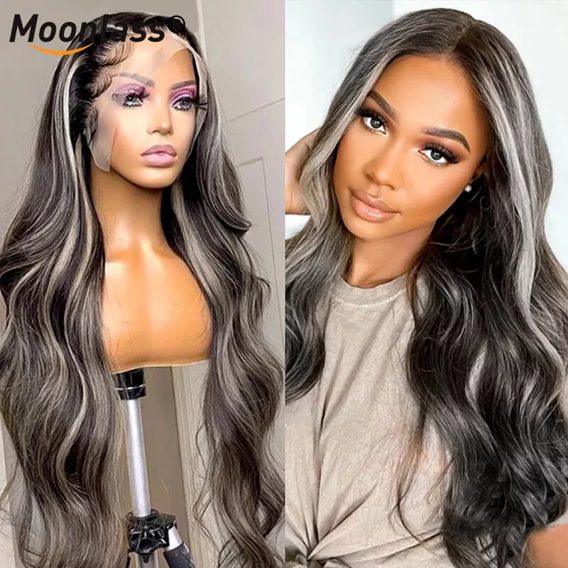 Highlight Grey Wig Human Hair Body Wave Lace Front Wig With Grey