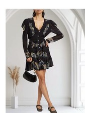 Farm Rio Women’s Floral-Embroidered Long-Sleeve Minidress Black Small New $248
