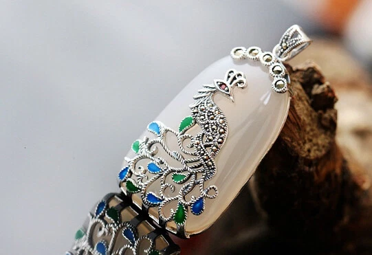 D10 Rimorchio Pfau Con Marcasite Su Bianco Calcedonio 925 Argento Sterling - Immagine 3 di 4