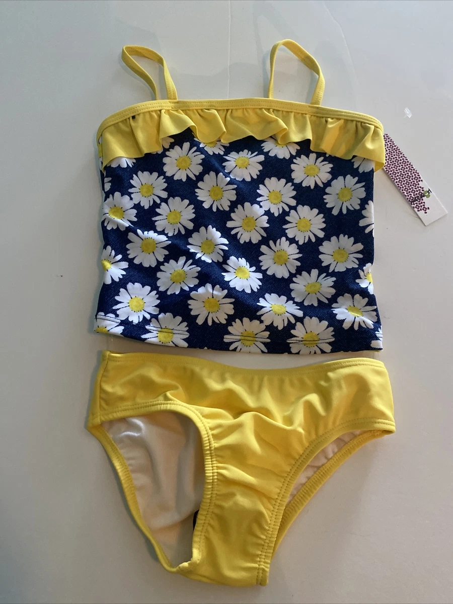 Kensie Girl 2 Piece Ruffled Tankini Swim Suit Yellow Navy Daisy Size 4 New 38