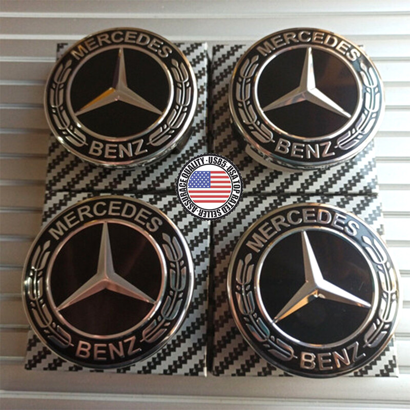 Genuine Black Mercedes 75mm Alloy Wheel Center Caps 4Pcs Set