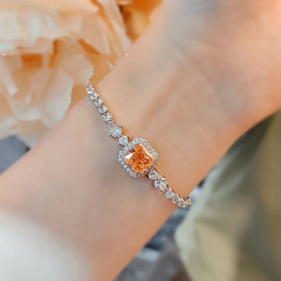 Novo 10mm Flor de Gelo Corte Padparadscha Pedra Preciosa Luxo Feminino Menina Pulseiras de Prata - Imagem 2 de 4