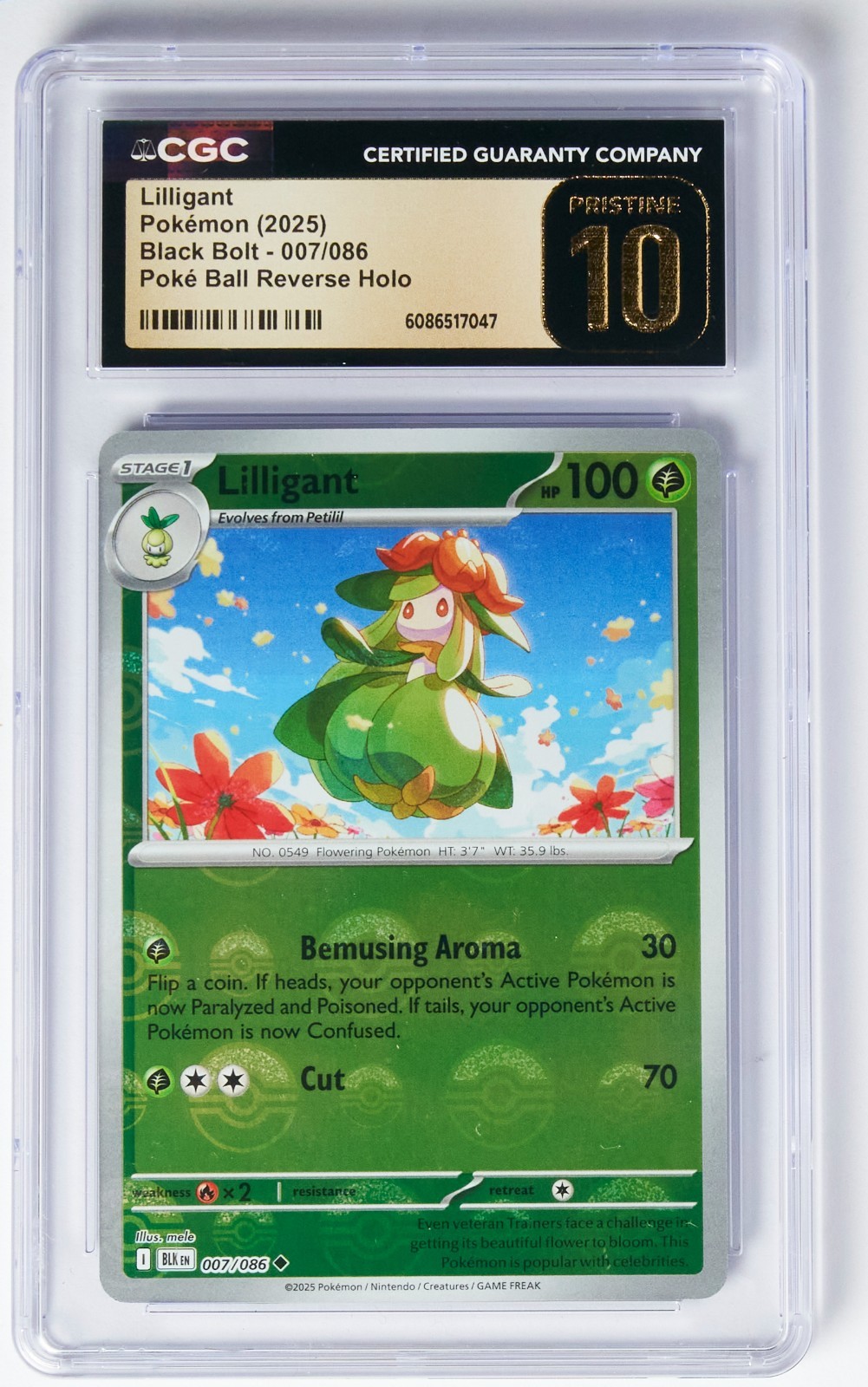 Liligant 7/086 CGC Pristine 10 Poke Ball REV Holo Black Bolt Graded Pokemon Slab