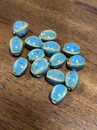 Vintage Lot Of 14 Medium Twist Beads Glazed Blue Ceramic