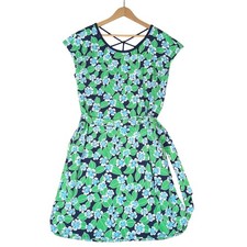 T by Talbots Short Sleeve Dress Large Floral Fields Open Back UPF 50+ Navy Green