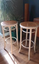 Tall Pair Vintage Thonet Cream Bentwood & Rattan Stools