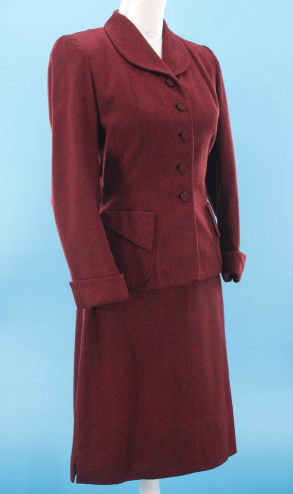 VTG Women's 50s 2 Pc Maroon Wool Dress Suit Sz S 1950s Jacket Skirt Set - Image 2 of 4
