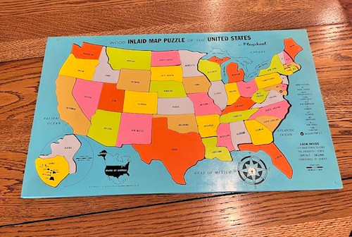 Vintage Playskool Wood United States Map Puzzle Complete No770N 50Pc w/Compass