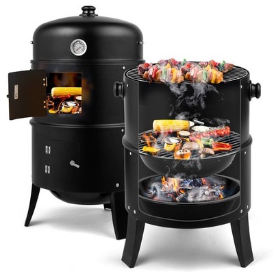 3-in-1 Outdoor Smoker Grill Portable Charcoal BBQ Camping Grill w/Smoker Combo