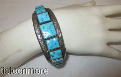 VINTAGE NAVAJO INDIAN SANDCAST STAMPWORK TURQUOISE SQUARES ROW CUFF SILVER