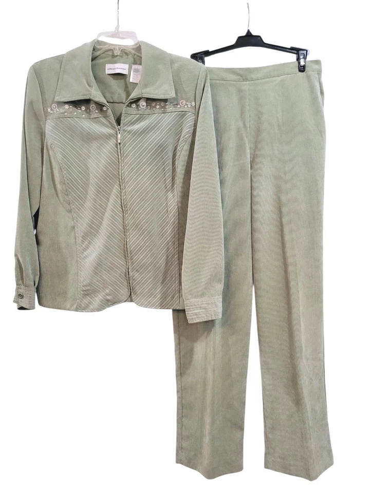 Traje Pantalón Alfred Dunner Talla 14 Chaqueta 10 Pantalones Verde Pana Cremallera Adornado  Foto 2 de 4