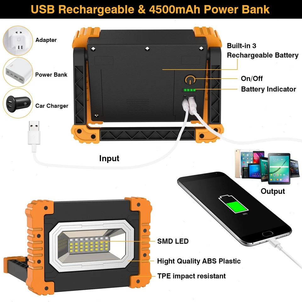 LED Baustrahler Akku LED Arbeitsstrahler Akku USB Wiederaufladbar Arbeitsleuchte - Bild 3 von 4