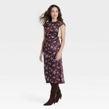 A New Day Satin Ruched Shift Dress Short Sleeve Midi Floral Burgundy Medium