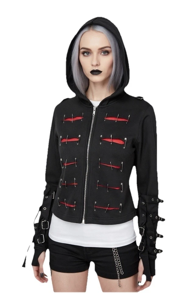 Винтажный SDL Y2K безопасности заколка толстовка с капюшоном черный красный готический панк пряжка куртка подростков L - Изображение 2 из 4