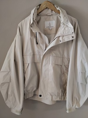 London Fog Jacket Mens large Beige Tan Roll Away Hood Windbreaker