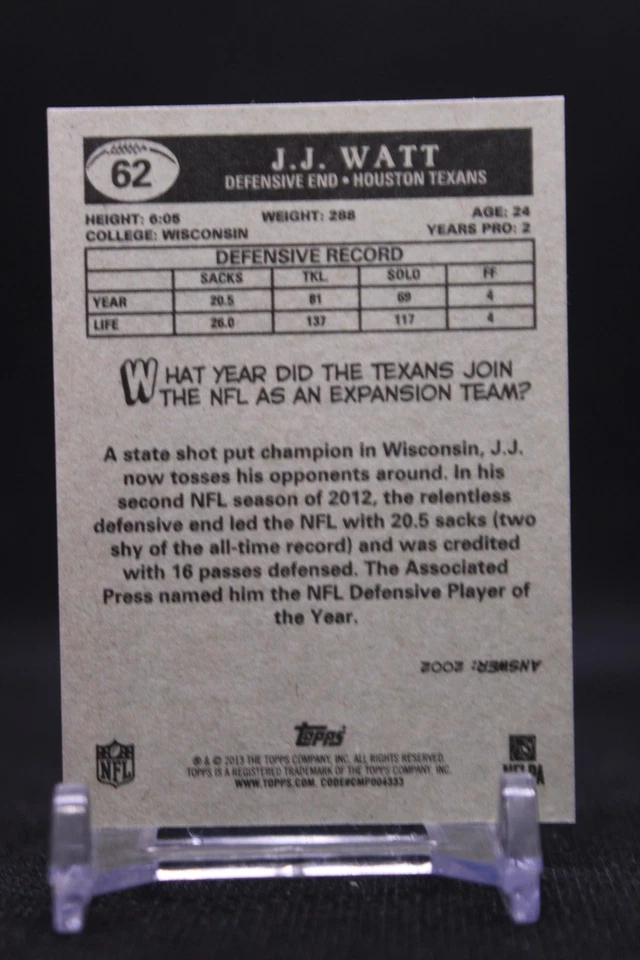 J.J. Watt #62 2013 Topps 1959 Minis Houston Texans - Image 2 of 2