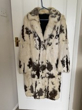 Women's Vintage Long Brown White Rabbit Fur Coat Jacket Size 16/18 Lined