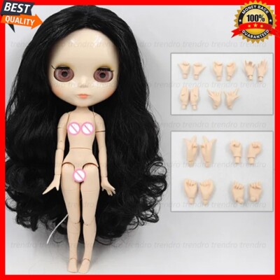 BJD 12'' Blythe Doll Nude with Jointed Body Black Hair Shiny Face DIY Toy 1/6 New
