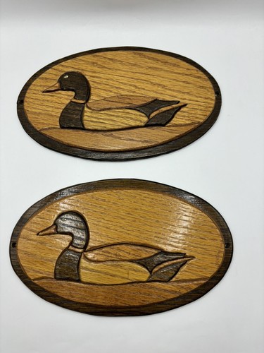 Wood Inlay Wall Art Brown Duck Decor Handmade Carved Cottagecore Hunting Lodge
