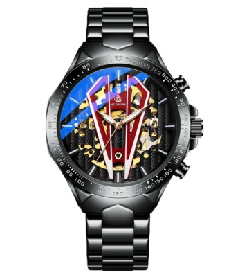 New Arrivals Men's Self-wind Automatic Skeleton Mechanical Watch Black Stainless